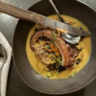 Grilled octopus with bokchoy lemongrass &amp; coconut bisque