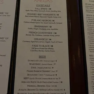 Amelia's signature cocktail menu