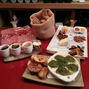 Burgundy escargots gratines,  Charcuterie plate with 2 cheeses; Tete De moine &amp; Camembert.