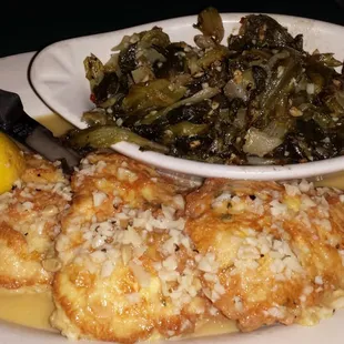 Chicken Francaise...soo good.  Side of Italian Fried Greens...not so good.