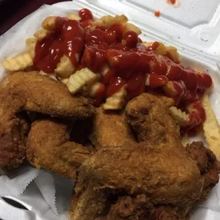 5 pc. Whole wings with fries and fountain drink for $9.99! MUMBO on side.