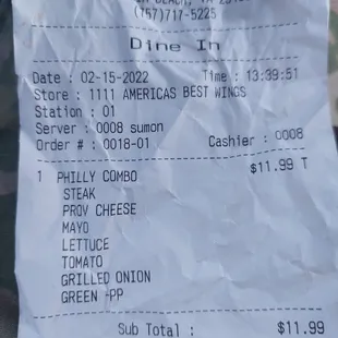 a receipt for a restaurant