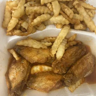 They put hot sauce all over the chicken, which got all over the french fries which was cold which the chicken was old.