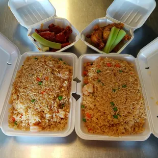 three takeout containers of food