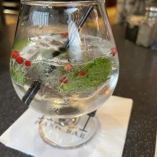 Rotating Gin and Tonic; served with red pepper corns, mint and rosemary leave. Very pretty drink