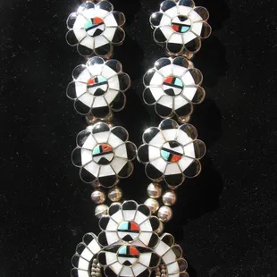 Beautiful Zuni &quot;Sun Face&quot; squash blossom necklace with turquoise, coral, Mother-of-Pearl shell and tortoise shell inlay with sterling silver