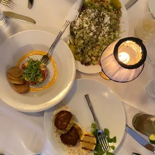 Greek Chop Salad, Tuna Tartare, and Lump Crab Cakes