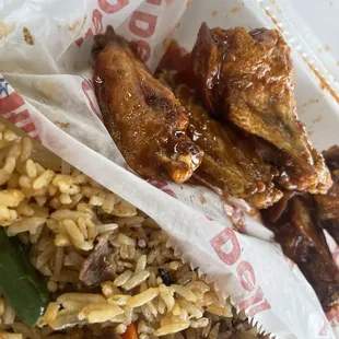 Fried Rice and Honey Hot Wings.