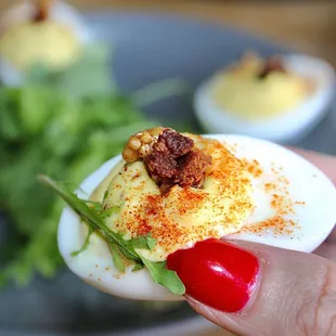 The Deviled Eggs were made with smoked yolk, mustard seed, &amp; house pork belly.