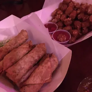 Pastrami egg rolls and tater tots