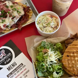 Open faced apple butter pastrami, heavy Chevy with tri-tip, side Caesar and side slaw with a vanilla latte