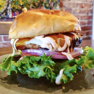 Our turkey burger topped with spicy mayo and teriyaki sauce.