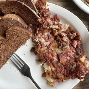 Corned beef hash and pumpernickel toast