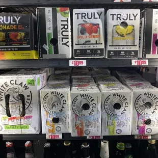 a display of fruit and beverages