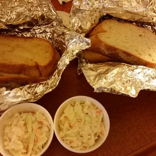 Garlic bread and Cole slaw, yummy. Garlic bread had very subtle garlic taste