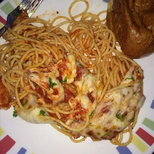 A little less than 1/2 of a dinner serving of chicken parm