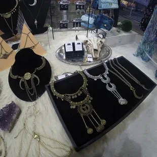 My trunk show display showcase at House of Aria /// American retail supply: Low Necklace busts and jewelry case with velvet pad