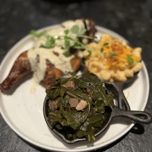 Alabama Smoked Half Chicken with collard greens and mac &amp; cheese