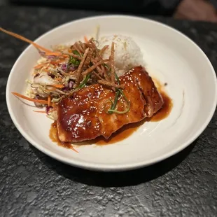 Teriyaki Salmon with jasmine rice and cabbage salad