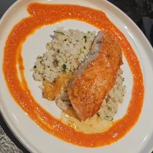 Orange marmalade glazed salmon with jasmine rice.