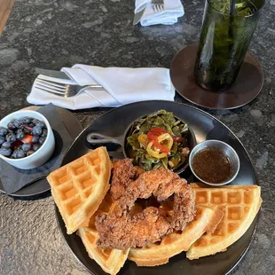 Chicken waffles with Kale and side of fruit