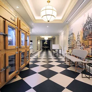 Historic wooden meat lockers and impressionist hand-painted murals greet diners at entrance.