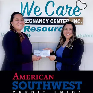 Branch Manager Arcelia donates to We Care Pregnancy Resource Center.