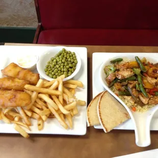 Cod and fries with peas; half of the stir-fry with pita.