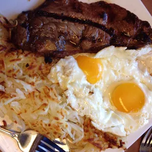 Steak and eggs.