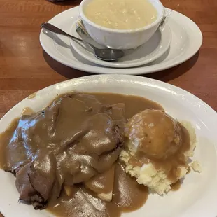 Beef manhatten and bowl of loaded baked potato soup!!   Delicious!!
