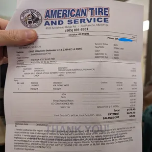 American Tire and Service Receipt