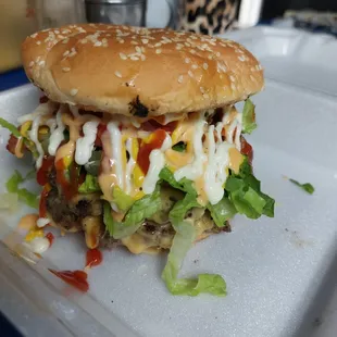Our double patty dangerzone cheese burger! Loaded with the best quality sauces and garlic butter toasted bun!