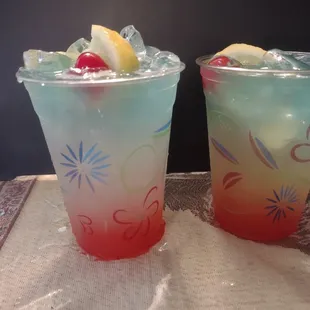 THE BOMB POP LEMONADE  this is our signature drink the bomb pop lemonade!  It&apos;s super refreshing!  Blue raspberry, lemon and cherry!