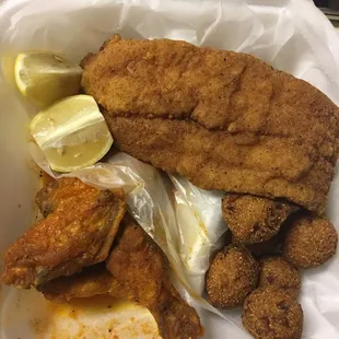 1 piece catfish, hush puppies (side) and 5 piece honey hot wings