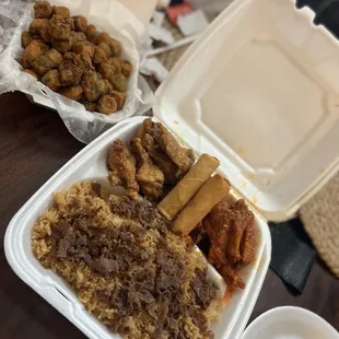 Honey lemon pepper wings, honey hot lemon pepper wings, beef fried rice, spring rolls, fried okra, and lemonade.