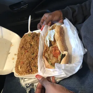 Fish burger aka poboy with fried rice