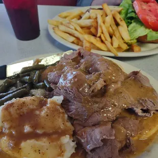 Open roast beef sandwich.