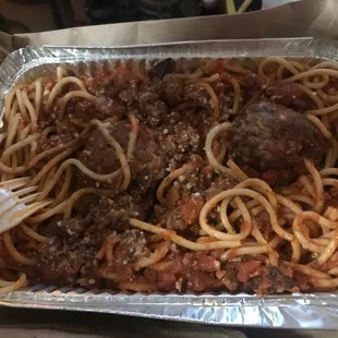 Spaghetti with two huge meatballs