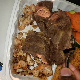 Days overcooked dry old steak and shrimp