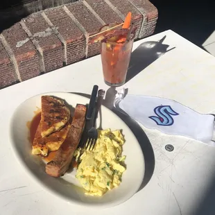 Cornbread pancakes, pork belly, eggs, bacon Bloody Mary, &amp; Vitamin D.