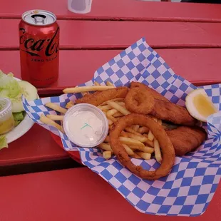 3 Piece Fish and Chips Basket with onion rings and side salad