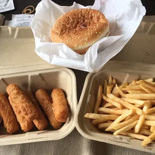 Delivery. Burger, fries and mozzarella sticks!