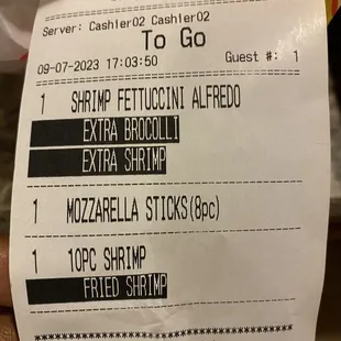 the receipt for the meal