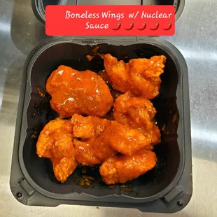 Boneless Wings w/Nuclear Sauce.