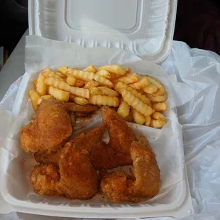 Old Bay wings. 5 piece combo, comes with fries and 20oz fountain drink.