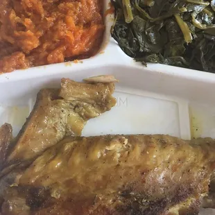Turkey wing dinner (minus 1 wing) with sweet potatoes and collard greens