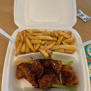 a meal in a styrofoam container