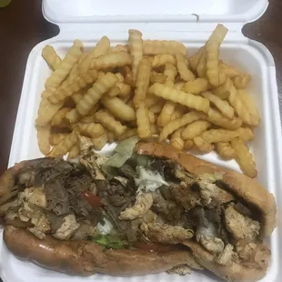 Steak and cheese with added chicken and shrimp combo