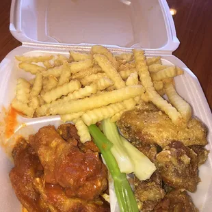 Mild wings &amp; Parmesan garlic wings plus fries w/ seasoned salt.