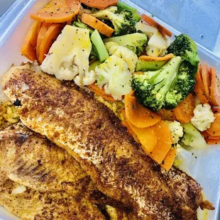 Cajun Whiting Fish, Steamed Veggies &amp; Dirty Rice...